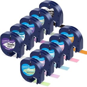 Multi Colors Label Tape Compatible with Dymo Label Maker Refills Replacement for Dymo Letratag Refills 12mm x 4m(1/2" x 13') Plastic Label Tape for Letra Tag Maker LT 100H 100T QX50,10 Pack