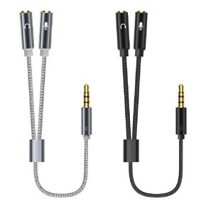 YACSEJAO Headphone and Mic Splitter 2Pack 3.5 mm y Splitter 1/8 Inch 1 Male to 2 Female Headphone Microphone Audio Braided Adapter（Grey + Black）