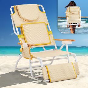Vingli Deluxe 3 In1 Beach Chair ، كرسي الدباغة مع فتحة الوجه ، صالة مستلقية مع راحة القدم وحامل الكأس وحقيبة التخزين ， صالة الشاطئ للأصفر في الهواء الطلق