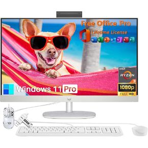 HP 27 All in One Desktop Computer, 27" FHD IPS, with Office Lifetime License, AMD Ryzen 3 7320U, 8 GB RAM, 1 TB SSD, HDMI, Wi-Fi 6, Wired KB & Mouse, Windows 11 Pro, USB Flash Drive, Patented Mouse