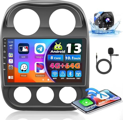 4+64G 8 Cores Android 13 Stereo for Jeep Compass Patriot Radio 2010-2016, 10.1 Inch HD Touchsceen with Wireless CarPlay Android Auto GPS WiFi Backup Camera Mirror Link BT Mic FM RDS in Kuwait