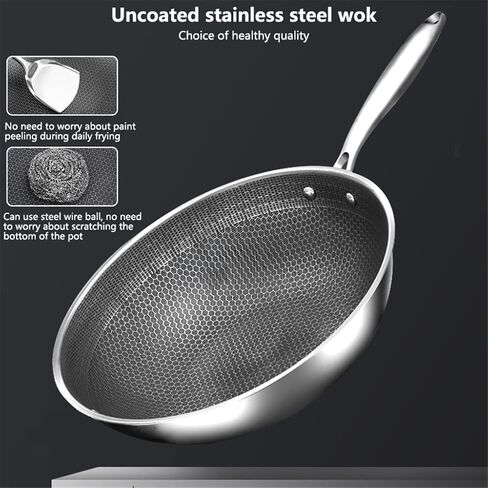 Uncoated Wok,Non-Stick Pan,Stainless Steel,Honeycomb Design,Uniform Heating,for Electric, Induction and Gas Stoves (A 32Cm)，A-32cm，A-32cm，A-32cm in Saudi Arabia