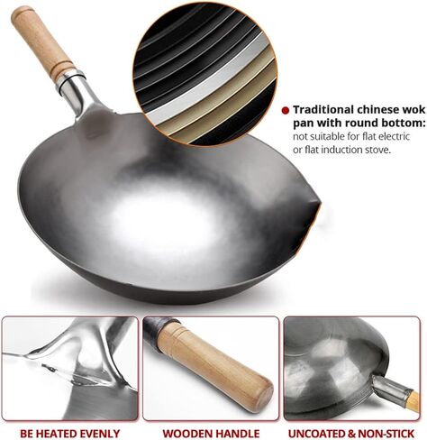مقبض الخشب الصيني Wok Wok Wok Pot Wok التقليدية غير الطلاء لمطباق الغاز (30 سم) ， A-30cm ， A-30cm ， A-30cm in Kuwait