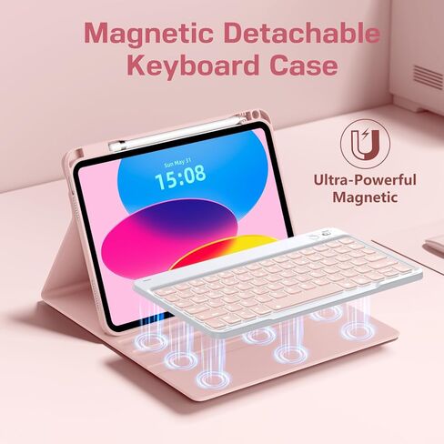 LEOMARON for iPad (A16) 11th/10th Generation Case with Keyboard, 7-Color Backlit, Detachable Keyboard Case for iPad A16 11 inch 2025 & 10th Gen 10.9 inch 2022, Folio Cover with Pencil Holder, Pink in Kuwait