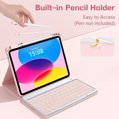 LEOMARON for iPad (A16) 11th/10th Generation Case with Keyboard, 7-Color Backlit, Detachable Keyboard Case for iPad A16 11 inch 2025 & 10th Gen 10.9 inch 2022, Folio Cover with Pencil Holder, Pink in Kuwait