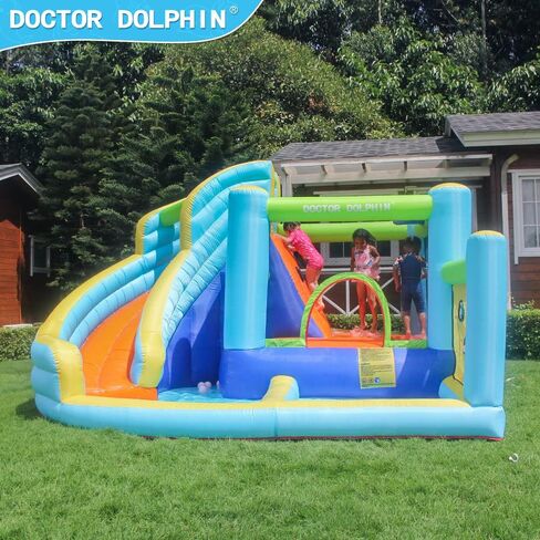 Doctor Dolphin Water Bounce House Inflatable Water Slide Park for Kids Backyard Summer Outdoor Fun with Water Gun Climbing Wall Splash Pool in Kuwait