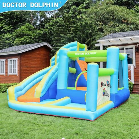 Doctor Dolphin Water Bounce House Inflatable Water Slide Park for Kids Backyard Summer Outdoor Fun with Water Gun Climbing Wall Splash Pool in Kuwait