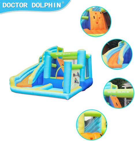 Doctor Dolphin Water Bounce House Inflatable Water Slide Park for Kids Backyard Summer Outdoor Fun with Water Gun Climbing Wall Splash Pool in Kuwait