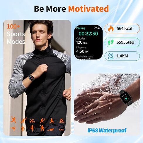 Smart Watch for Men & Women with Bluetooth Calling, 1.85" Touchscreen Fitness Tracker, Heart Rate & Sleep Monitor, 100+ Sports Modes, IP68 Waterproof, Compatible with Android & iOS in Saudi Arabia