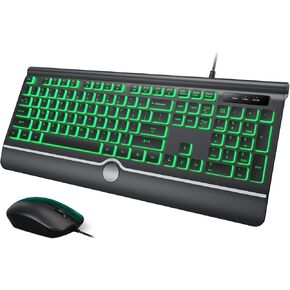 Wired Keyboard and Mouse Combo - Large Print Light Up Keyboard, USB Silent Wired Backlit Keyboard and Optical Mouse for Windows, PC, Laptop - Easy to See, USB Play and Plug