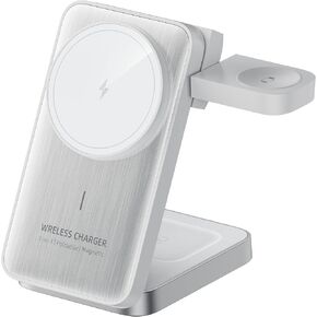 Wireless Charger 3 in 1, 15W Fast Charging, Foldable Magnetic Stand, Travel Charger for iPhone 16/15/14/13 Series, Apple Watch, AirPods, Black