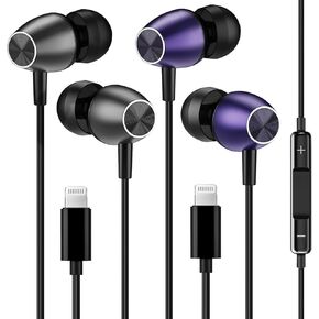 Keyron Lightning Headphones for iPhone [MFi Certified],Wired Earbuds with Built-in Microphone & Volume Control, Earphone Compatible with iPhone 14/13/12/11/XR/XS/X/8/7/SE/Pro/Pro Max, Black/Purple,2Pc