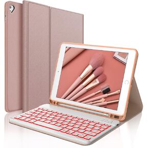 Keyboard Case for iPad 6th/5th Generation 9.7 inch, Slim Folio Smart Case with Pencil Holder for iPad Air 2, Rechargeable, Detachable Wireless Keyboard with 7 Color Backlit for iPad Pro 9.7 - Pink
