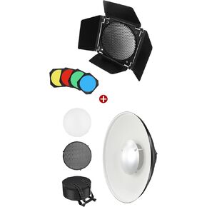 Soonpho BD-04 Barn Door with Honeycomb Grid and 4 Color Gel Filters (Red,Yellow, Blue,Green) & 12inch/30cm Standard Reflector Beauty Dish with Honeycomb Grid
