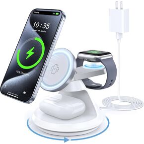 3 in 1 Charging Station for Apple MagSafe Charger Compatible, 15W Magnetic Wireless Charger Stand, 360° Rotating Dock, Wireless Charging Station for iPhone 16 15 14 13 12 Series for iWatch for AirPods