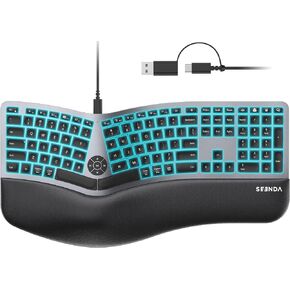 seenda 7-Color Backlit Wired Ergonomic Keyboard, KUW01 USB & Type-C Wired Split Keyboard, Cushioned Wrist Rest, Full Size with NumPad, Compatible for Windows, macOS, PC, Laptop, MacBook - Black Gray