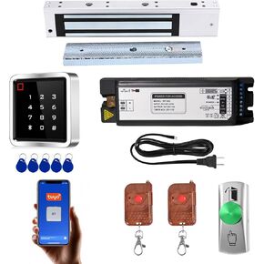 Access Control System Kit with IP68 Waterproof Metal Touch Keypad, 600LB Magnetic Lock, Zinc Alloy Exit Button, 2 Remote Controls and Tuya App Remote Access