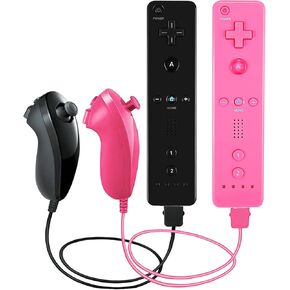 2 Pack Remote Controller and Nunchuck Joystick for wii/wii u, Gamepad with Silicone Case and Wrist Strap (Black and Pink)