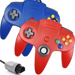 Srouwan N64 Controller, Classic Wired Controller with Upgraded Joystick for Original Nintendo 64 Video Game Console (ack of 2, Red and Blue)