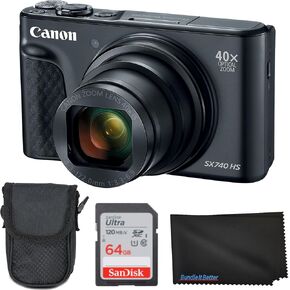 Canon PowerShot SX740 HS Digital Camera (Black) 4PC Bundle - Includes 64GB SD Memory Card + Point & Shoot Case + Microfiber Cleaning Cloth