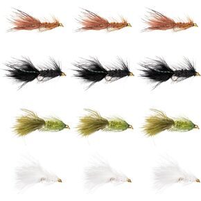 Wooly Bugger Flies for Trout 12 Pack - Hook Size 8-10, Black, Brown, Olive, White, Wet Fly Fishing Accessories, Wet Fies, Streamer Fly Box, Flies for Fly Fishing Bass Panfish