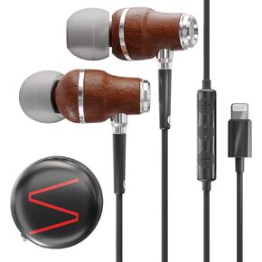 Symphonized iPhone Earphones Wired Deep Bass Sound, 3D Sound, Microphone Volume Control, 90% Noise Cancelling, Bubinga Wooden with Lightning (Apple MFI Certified), iPhone SE to 14 Earbuds (Black)
