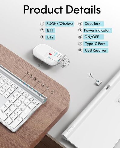 CHESONA Wireless Keyboard and Mouse Combo, Wireless Rechargeable Full Size Multi-Device (BT 5.0+3.0+2.4G) Keyboard Mouse Combo for Mac OS/iOS/Windows/Android (White) in Saudi Arabia