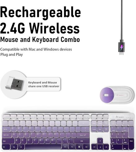 Wireless Keyboard and Mouse Combo - 2.4G Wireless, Rechargeable, Low-Noise, Cute Colorful, Full-Sized, 3 DPI Adjustable Mouse, for Computer, Laptop, PC, Mac (Gradient Purple) in Kuwait
