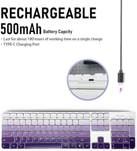 Wireless Keyboard and Mouse Combo - 2.4G Wireless, Rechargeable, Low-Noise, Cute Colorful, Full-Sized, 3 DPI Adjustable Mouse, for Computer, Laptop, PC, Mac (Gradient Purple) in Kuwait