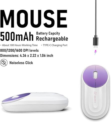Wireless Keyboard and Mouse Combo - 2.4G Wireless, Rechargeable, Low-Noise, Cute Colorful, Full-Sized, 3 DPI Adjustable Mouse, for Computer, Laptop, PC, Mac (Gradient Purple) in Kuwait