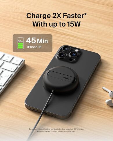 Belkin Magnetic Wireless Charging Pad 15W w/Pop-Up Stand - MagSafe-Compatible Qi2-Certified Wireless Charger for iPhone 16 Series, Samsung Galaxy S25 Series, AirPods (No PSU) - Black in Saudi Arabia