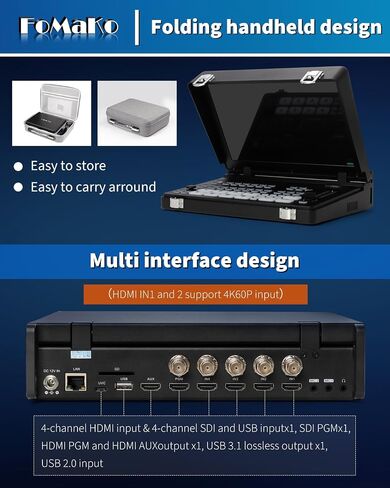 FoMaKo 4K HDMI Video Mixer Switcher, 10.1 Inch FHD LCD Screen, 5-Channel Live Streaming Switcher, 4K 60FPS Input, 1080p 60FPS Output, Support PTZ Controller, SDI + HDMI Video Switcher, M6 in Saudi Arabia