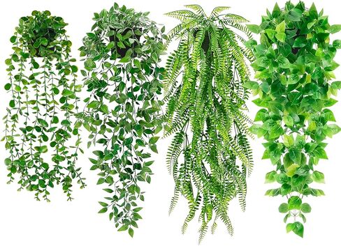 Artificial Hanging Plants for Shelf, 6 Pack Fake Potted Greenery Plant Faux Eucalyptus Vine, Mandala Vine, String of Pearls,Pea pod Leaves,Ivy Vine,Persian Grass Fern in Pot for Home Décor in Saudi Arabia