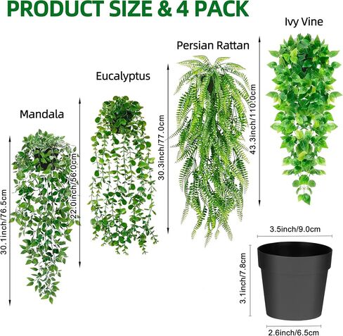 Artificial Hanging Plants for Shelf, 6 Pack Fake Potted Greenery Plant Faux Eucalyptus Vine, Mandala Vine, String of Pearls,Pea pod Leaves,Ivy Vine,Persian Grass Fern in Pot for Home Décor in Saudi Arabia