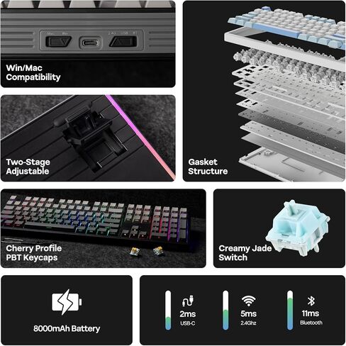 EPOMAKER TH108 Full Size Mechanical Keyboard, Wireless Gaming Keyboard with 8000mAh Battery, Creamy Gasket, 108 Keys, Hot Swap, Custom Driver, RGB Backlight (Blue&White, Sea Salt Silent) in Saudi Arabia