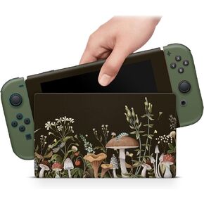 ZOOMHITSKINS Compatible with Switch Skin Cover, Black Green Mushroom Forest Wild Flowers Grass Botanical Cute, 3M Vinyl Decal Sticker Wrap, Made in The USA