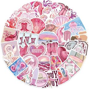 50Pcs Graffiti Beachy Stickers, Pink Summer Stickers Pack for Laptop, Skateboard, Kindle, Journal, Scrapbooking, Water Bottle, Aesthetic Waterproof Ocean Decals