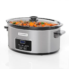 MAGNIFIQUE 8-Quart Programmable Slow Cooker with Timer Keep Warm - Small Kitchen Appliance for Family Dinners - Serves 6+ People - Heat Settings: Keep Warm(White, Black Liner)