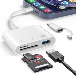 SD Card Reader for iPhone, 3 Slots USB-C Dual Connectors Card Adapter with USB-A Trail Camera Memory Card Viewer, Plug and Play Supports SD and TF Card MicroSD Card Adapter for iPad No App Required