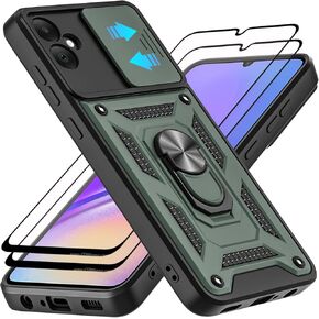 for Samsung Galaxy A05 Case, with Tempered Glass Screen Protector [2 Pcs] & Slide Camera Cover, 360°Rotation Ring Kickstand [Military Grade] Case (Black)