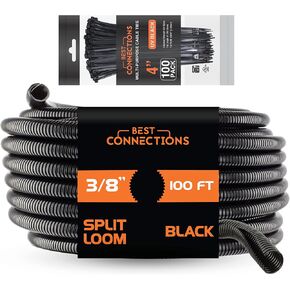 100 Ft – 3/8" Diameter Split Wire Loom Flex-Guard Convoluted Tubing with 100 Pcs x 4" Nylon Cable Zip Ties – Protective Split Cable Sleeves/Conduit – Black
