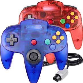 King Smart 2 Packs N64 Controller, Classic Wired N64 Controllers with Upgraded Joystick for Original Nintendo 64 Console (Sapphire Blue and Clear Red)