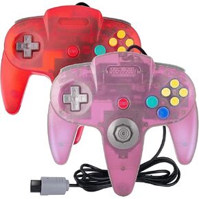 2 Pack Classic N64 Controllers, Retro Wired N64 64-bit Gamepad Joystick for Ultra 64 Video Game Console N64 System (Transparent Purple+Red)