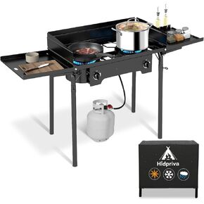 2 Burner Outdoor Camping Stove with Windscreen & Side Table, Cover, 20PSIG Regulator,150,000 BTU Propane Gas Stove for Camping Home Backyard Outdoor Cooking Brewing Canning