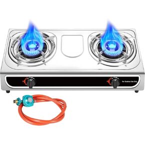 Llamaviva Propane Stove 2 Burner Stove 23000 BTU Gas Stove Auto Ignition Porable Propane Stove with Gas Hose,Stainless Steel panel Stove for Camping Outdoor propane griddle