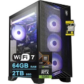 MSI Aegis ZS2 Gaming Desktop AMD 12-core Zen 5 Ryzen 9 9900X 64GB RAM 4TB SSD GeForce RTX 5080 DLSS 4 360mm Liquid Cooler 850W 80+ Gold PSU Support HDD Win11 w/ICP Hub