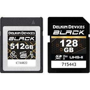 Delkin Devices 512GB Black CFexpress Type B 4.0 VPG400 Memory Card + 128GB SDXC Black Rugged Memory Card, UHS-II V60