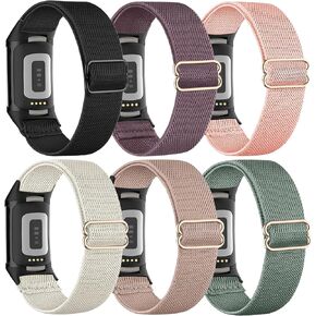 6Pack Stretchy Nylon Bands Compatible with Fitbit Charge 6 / Charge 5 Bands, Loop Elastic Straps for Fitbit Charge 5/6 Men Women