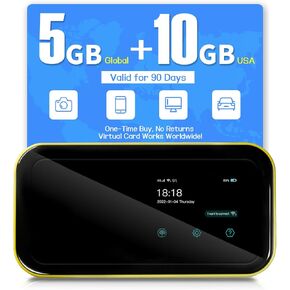 FREEBOT Mobile Hotspot Portable WiFi for Travel in 150+ Countries, No SIM Card, No Contract Required, High Speed, 10 Connected Devices, Multiple Networks (5GB Global & 10GB US Data, for 90 Days)