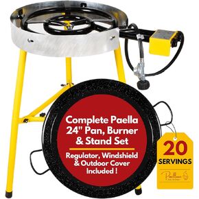 Paella Burner and Stand Set 12 Servings, 18 Inch Paella Pan, Dual Propane Outdoor Stove with Stand & Regulator, Portable Gas Cooker for Camping Crawfish Boil Cooking Outdoor, Paellera Propano